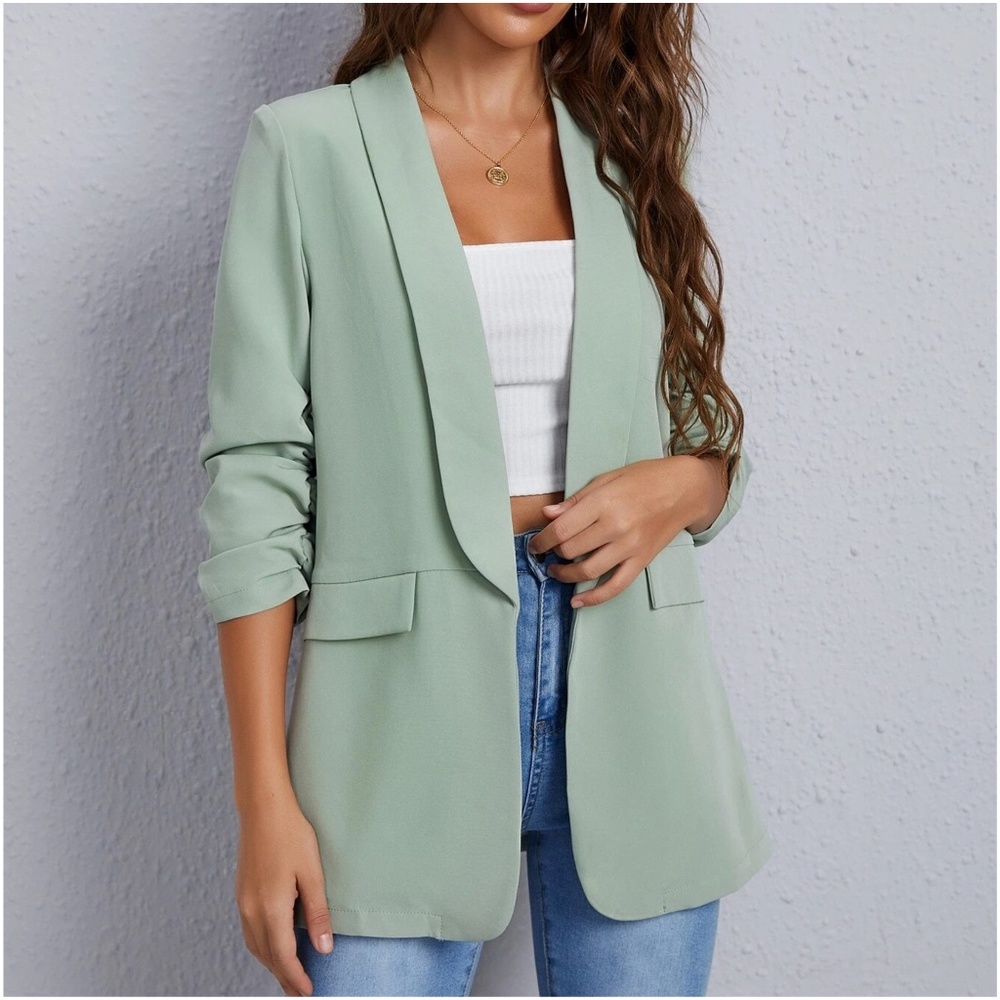 Classic Ruched 1/2 Sleeve Open Front Blazer - Picture 2 of 12